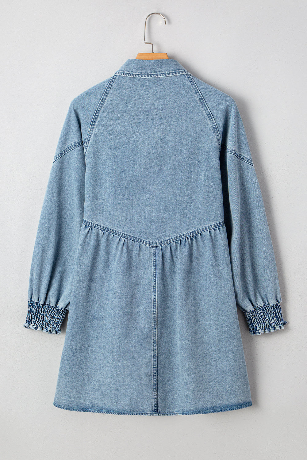Beau Blue Smocked Cuffs Flared Denim Shirt Mini Dress