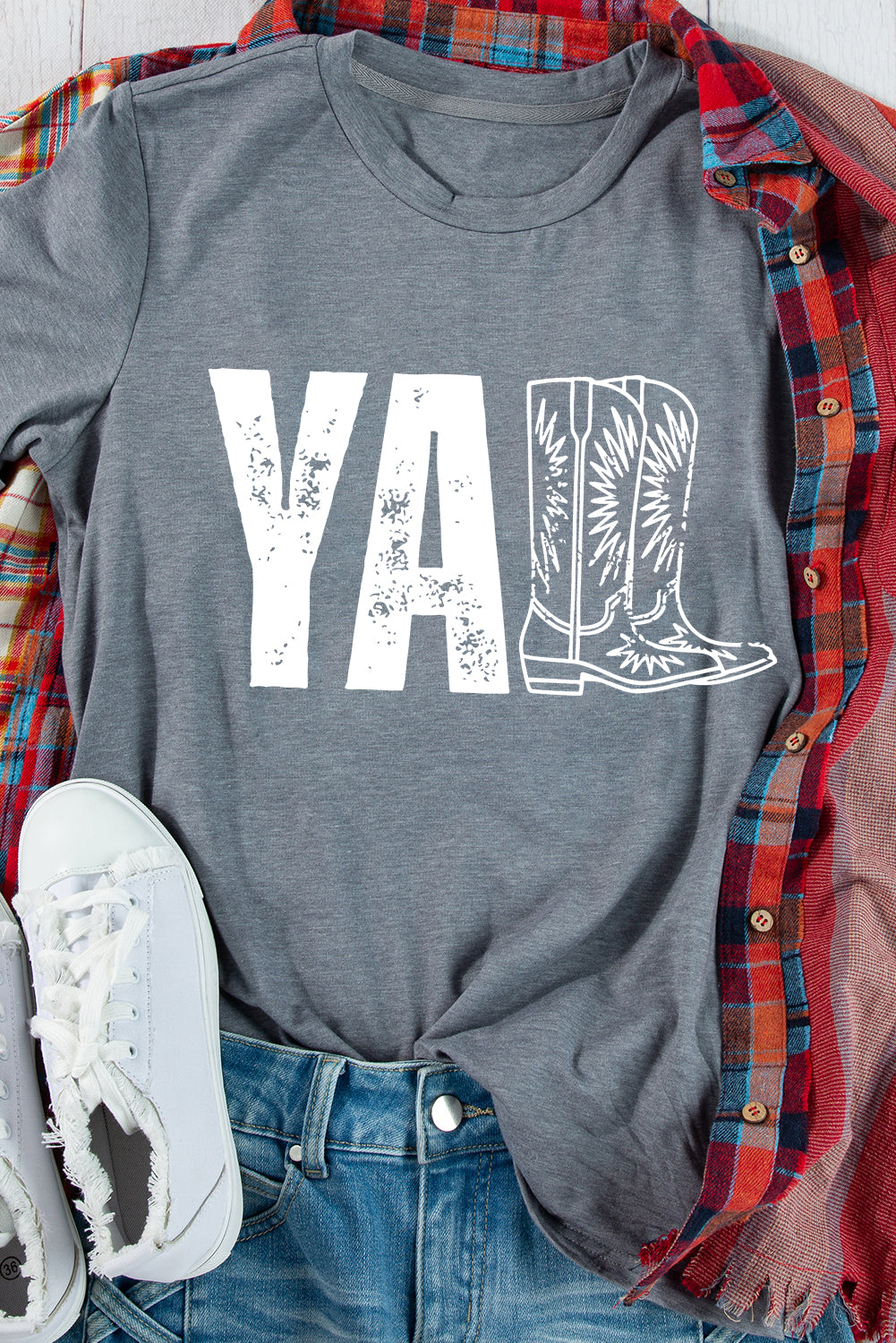 Gray YALL Boots Heat Transfer Printing Graphic Tee