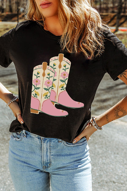 Black Floral Boots Heat Transfer Printing Graphic T Shirt