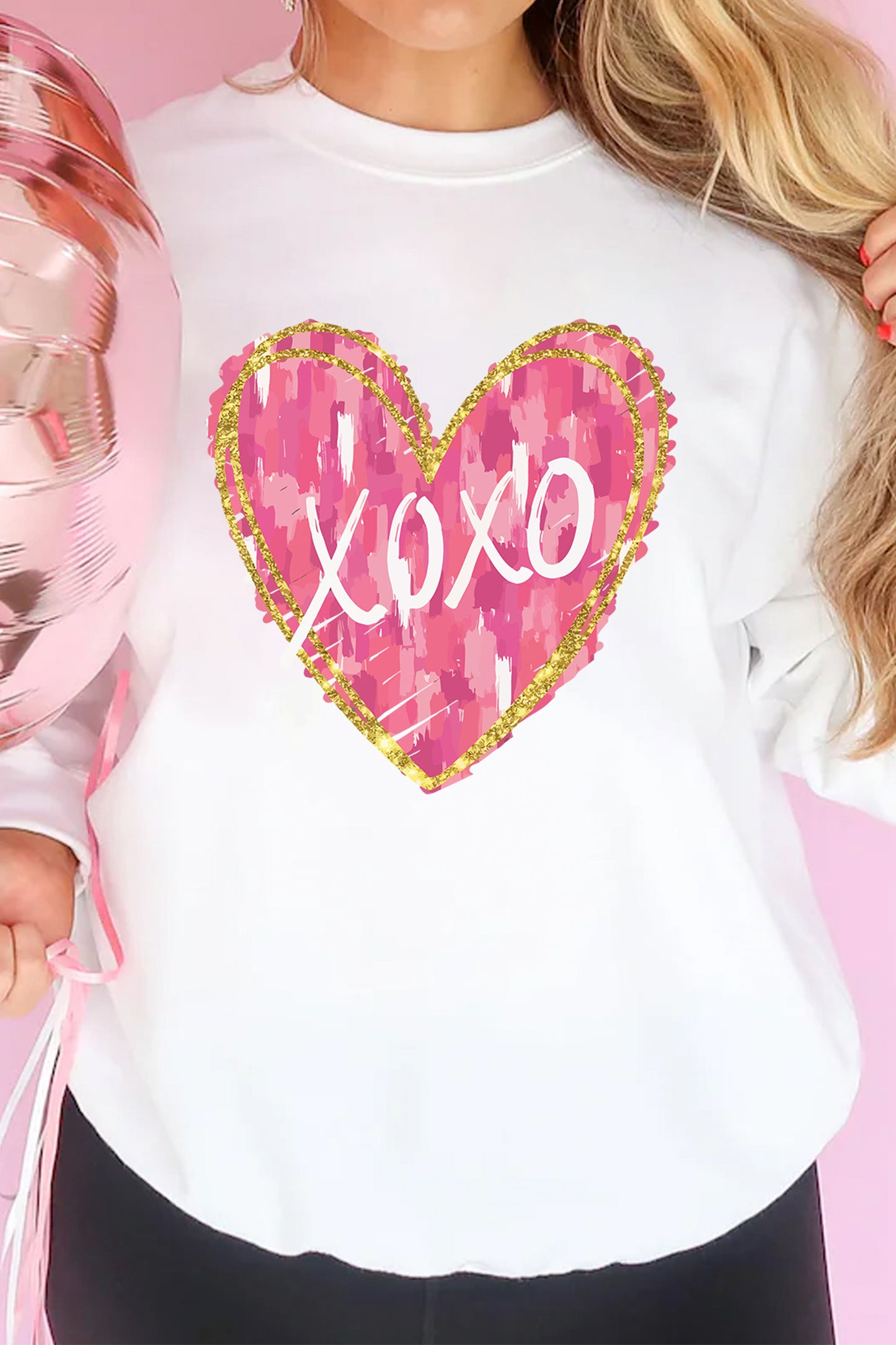 White xoxo Glitter Trim Brushstroke Heart Printed Pullover Sweatshirt