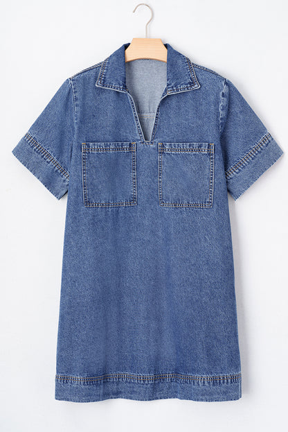 Blue Short Sleeve Collared Chest Pocket Denim Mini Dress