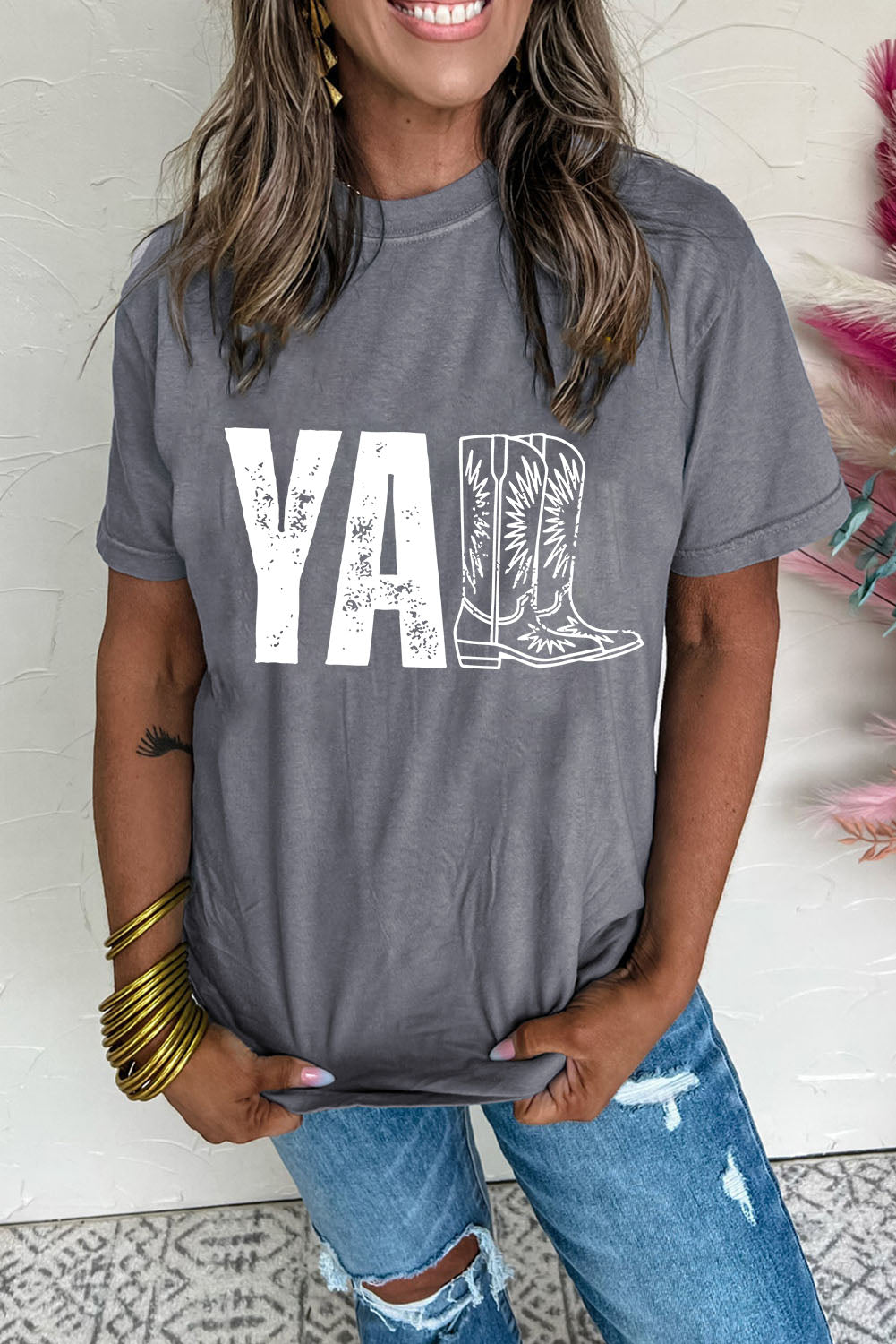 Gray YALL Boots Heat Transfer Printing Graphic Tee