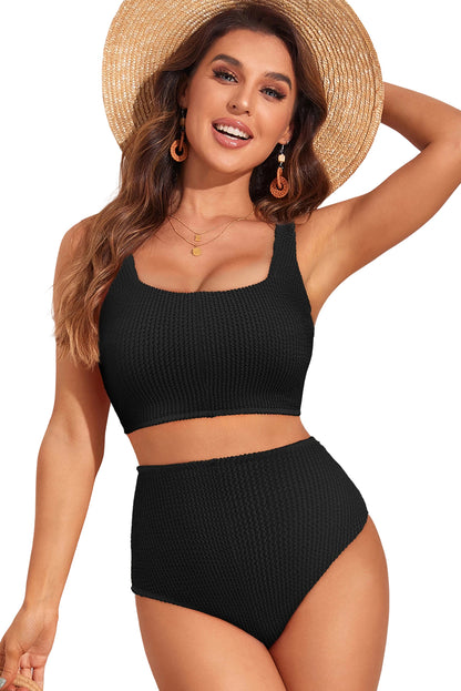 Black Corded Solid Square Neck Bikini Swimsuit