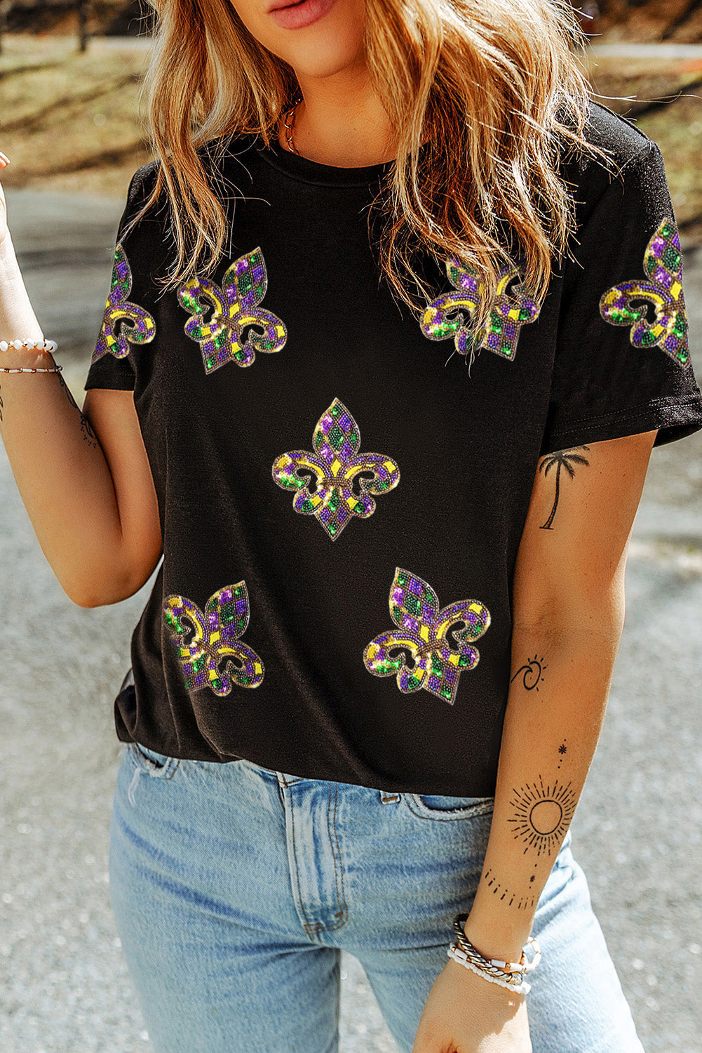 Black Mardi Gras Sequin Fleur De Lis Graphic T Shirt