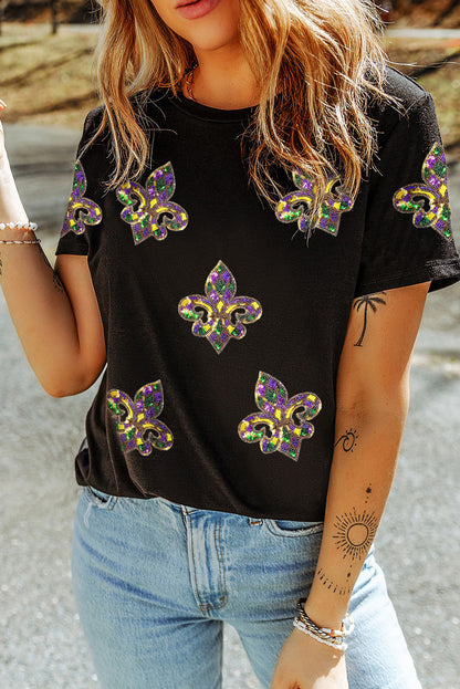 Black Mardi Gras Sequin Fleur De Lis Graphic T Shirt