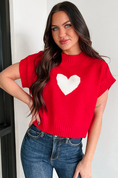 Fiery Red Valentine Heart Graphic Cropped Short Sleeve Sweater