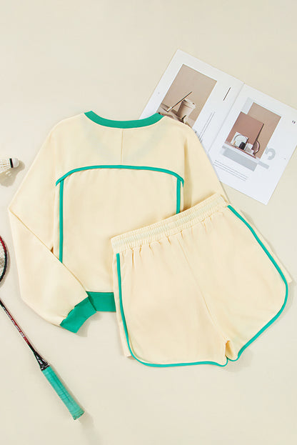 White Contrast Trim Colorblock Long Sleeve Pullover and Drawstring Shorts Set