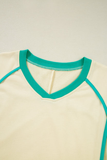 White Contrast Trim Colorblock Long Sleeve Pullover and Drawstring Shorts Set