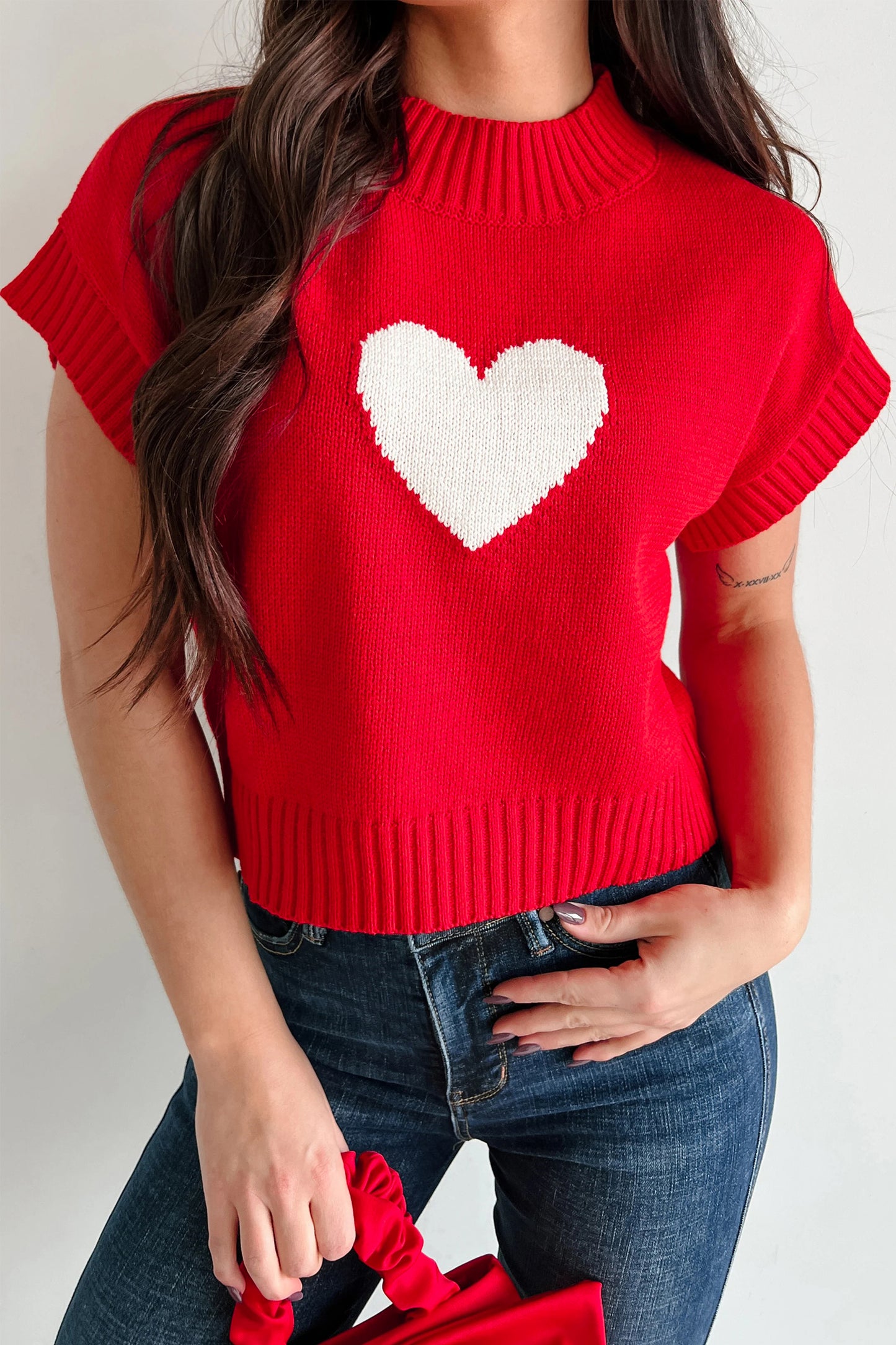 Fiery Red Valentine Heart Graphic Cropped Short Sleeve Sweater