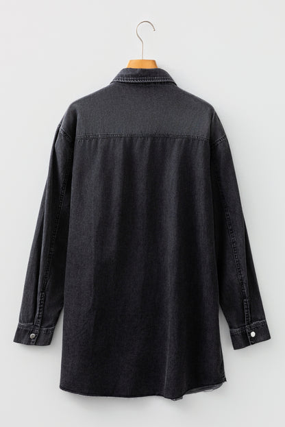 Medium Grey Beau Chest Pocket Raw Hem Denim Loose Shirt Dress