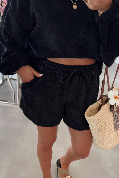 Black Textured Knit Drop Shoulder Pullover Drawstring Shorts Set