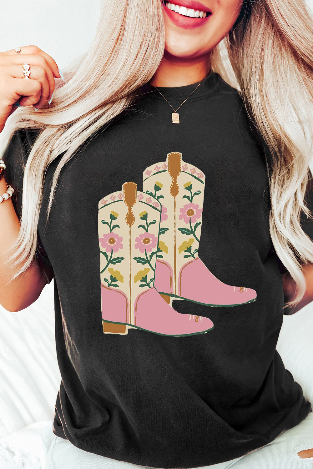 Black Floral Boots Heat Transfer Printing Graphic T Shirt
