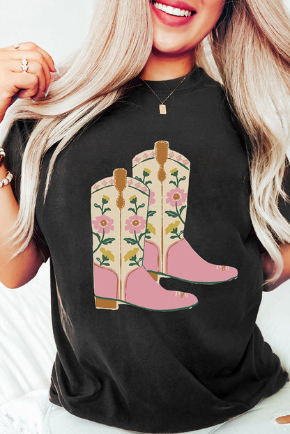 Black Floral Boots Heat Transfer Printing Graphic T Shirt