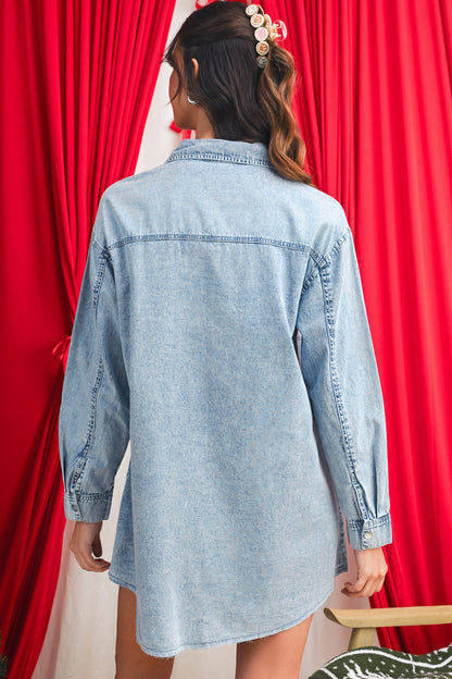 Beau Blue Chest Pocket Raw Hem Denim Loose Shirt Dress
