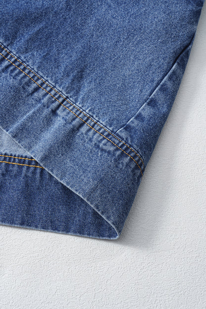 Blue Short Sleeve Collared Chest Pocket Denim Mini Dress