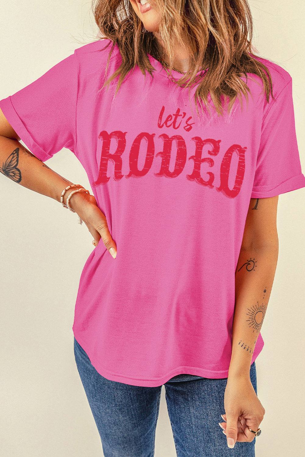 Rose Red Lets Rodeo Crew Neck Heat Transfer Printing Graphic Tee