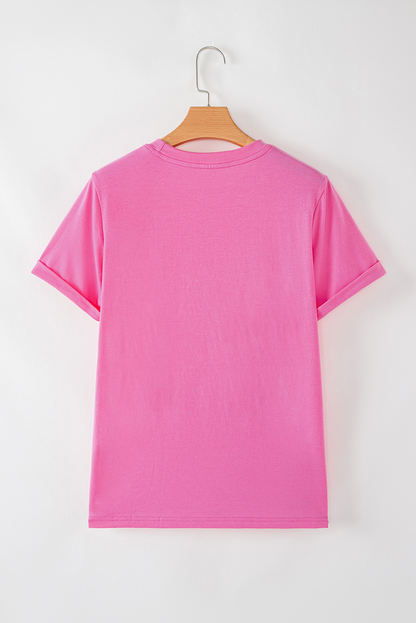 Rose Red Lets Rodeo Crew Neck Heat Transfer Printing Graphic Tee