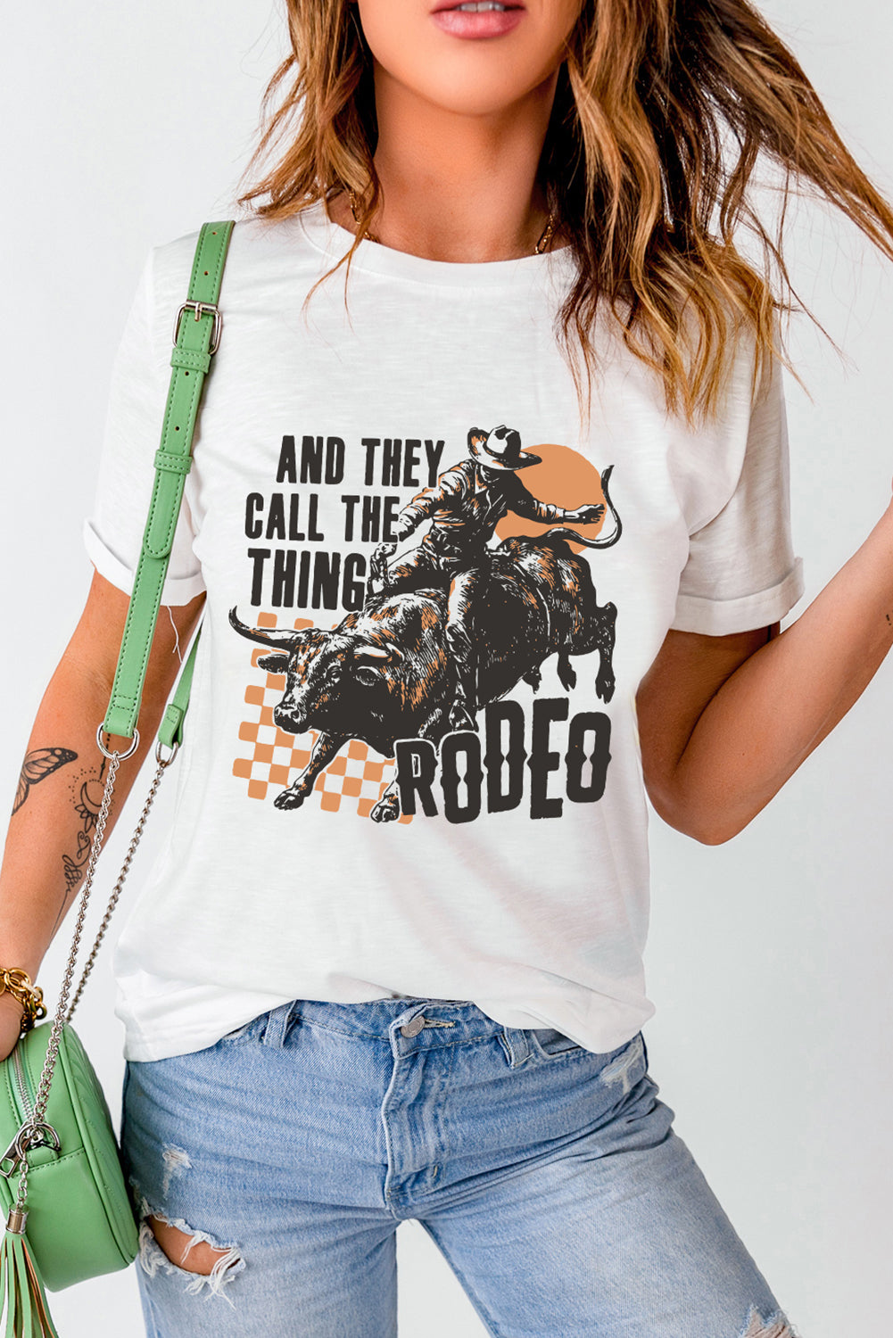 White AND THEY CALL THE THING RODEO Heat Transfer Printing Graphic Crewneck Tee