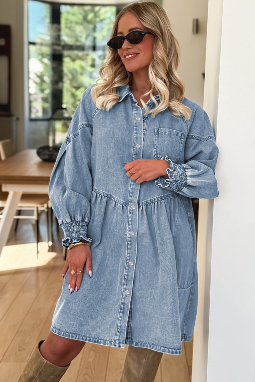 Beau Blue Smocked Cuffs Flared Denim Shirt Mini Dress