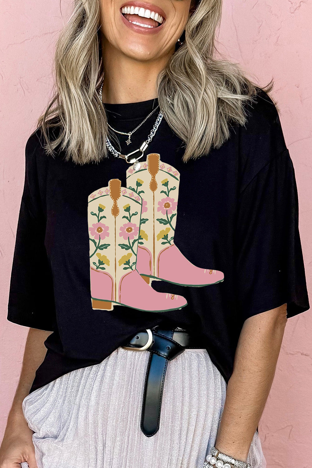 Black Floral Boots Heat Transfer Printing Graphic T Shirt