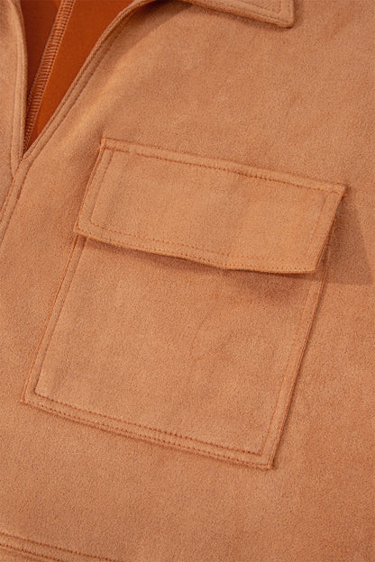 Thai Curry Collared V Neck Faux Suede Short Sleeve Shift Mini Dress