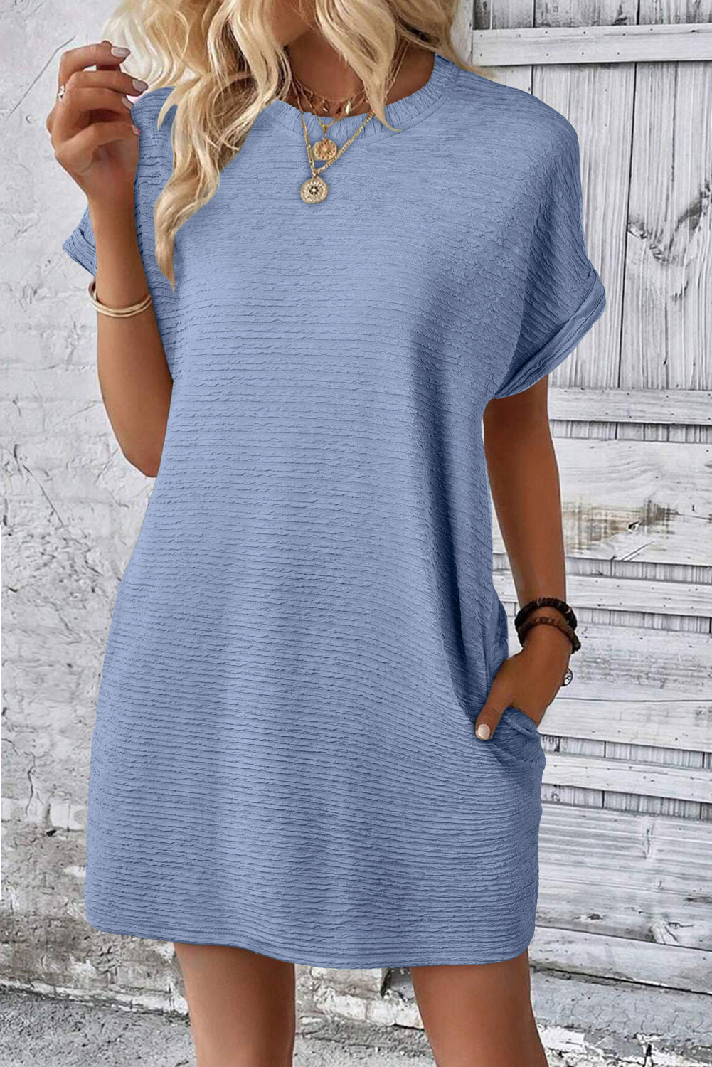 Myosotis Solid Color Textured Crinkle Short Sleeve T Shirt Dress