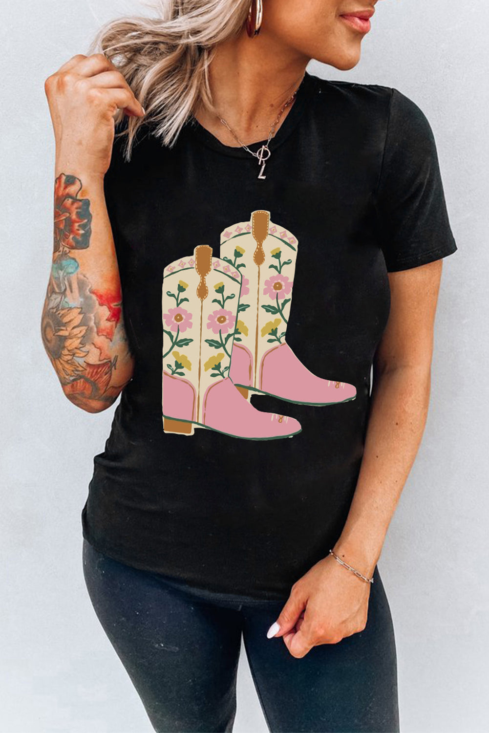 Black Floral Boots Heat Transfer Printing Graphic T Shirt