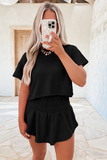 Black Cropped Tee and Ruffle High Waist Skort Set