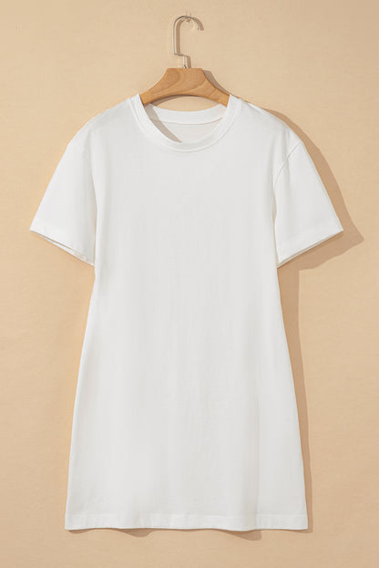 White Drop Shoulder Crew Neck Shift T Shirt Dress