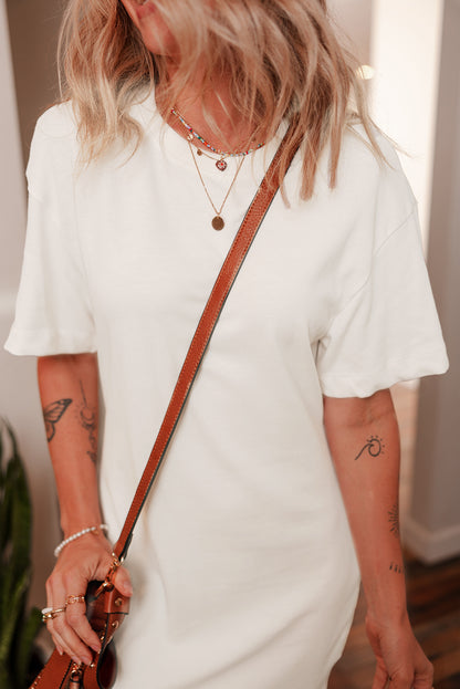 White Drop Shoulder Crew Neck Shift T Shirt Dress