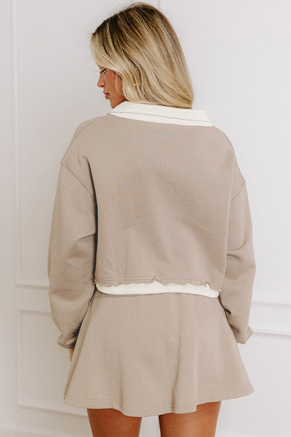 Parchment Raw Edge Detail Patchwork Cropped Pullover Drawstring Skirt Set