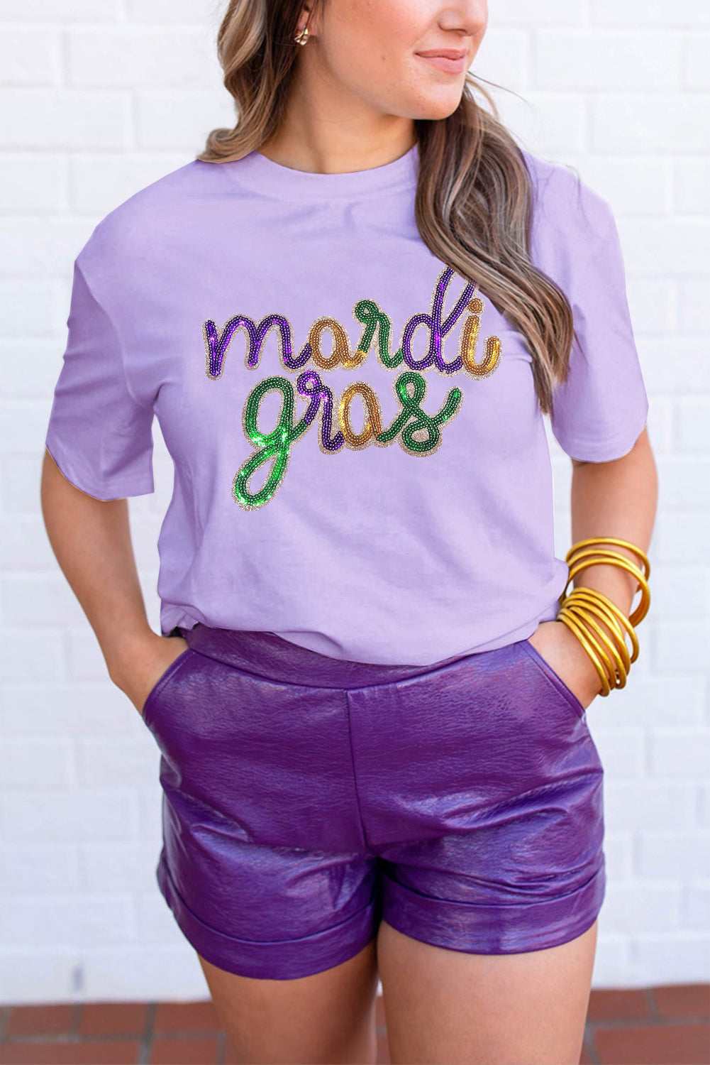 Wisteria Sequin mardi gras Letter Print Crewneck Tee