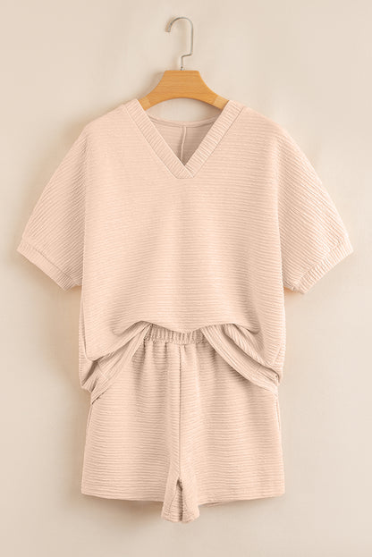 Apricot Textured V Neck T Shirt and Shorts Set