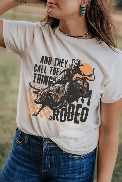 White AND THEY CALL THE THING RODEO Heat Transfer Printing Graphic Crewneck Tee
