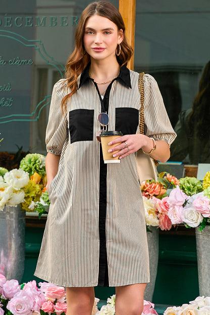 Black Stripe Color Block Patchwork Shirt Collar Button Down Puff Sleeve Mini Dress